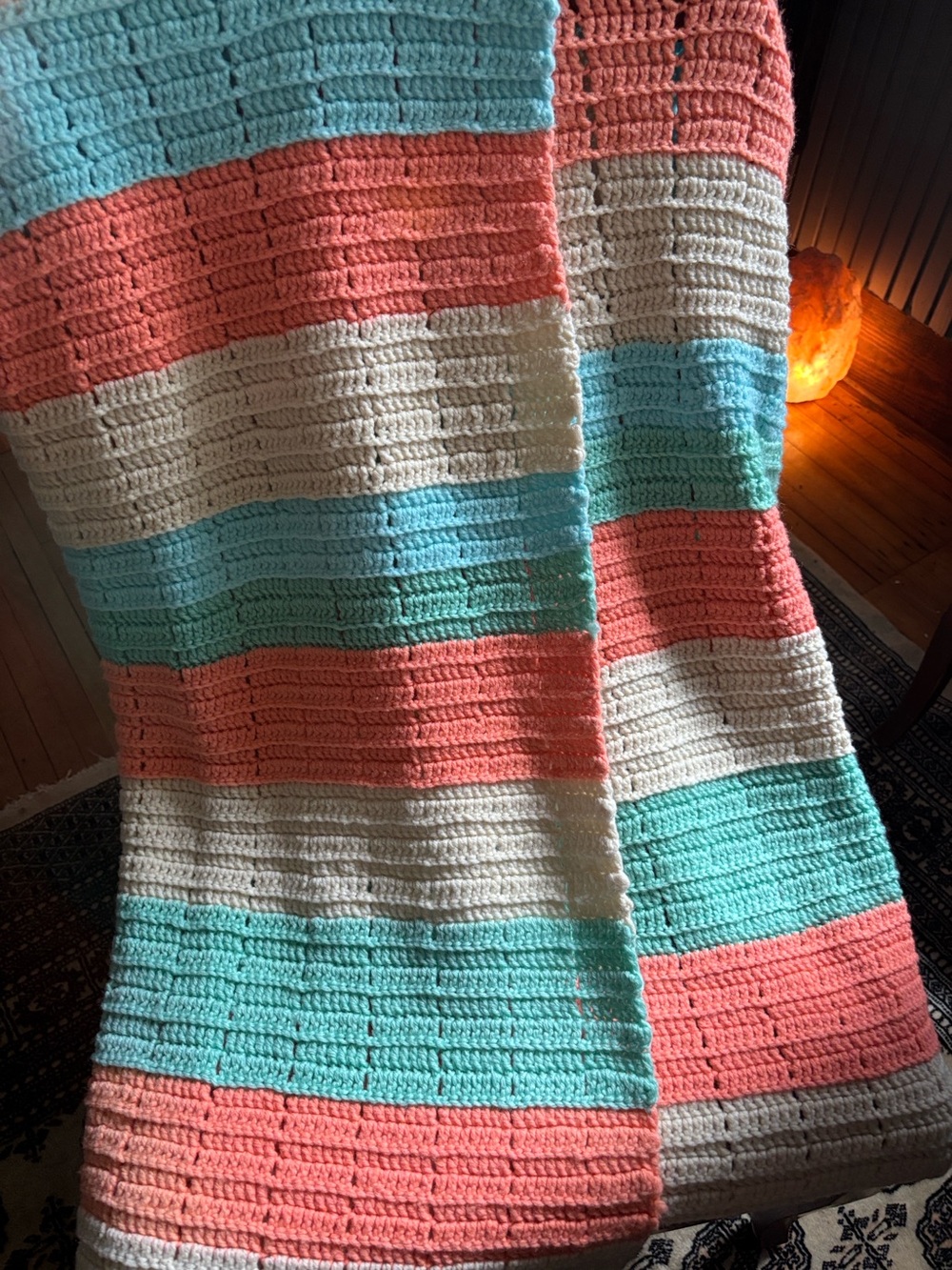 Handmade Striped Crocheted Afghan/Throw Coral, Ivory, Aqua & Green-5.5’ square